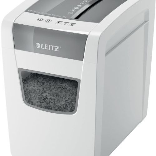 Destructora Leitz IQ Slim Home Office P4, blanco/plata